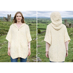 Aran Crafts Cream Merino Wool Hooded Poncho XXL NWT